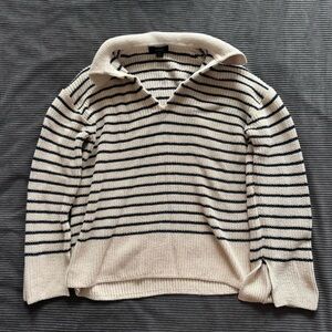 Striped Cream and Black Knit Polo Sweater